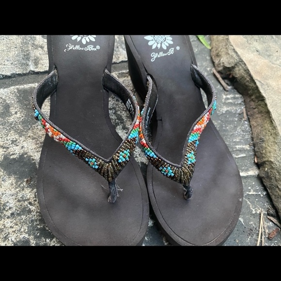 Yellow Box Tribe Turquoise Brown Orange Beaded 2” Wedge Sandal’s Size 7 … - Picture 6 of 8